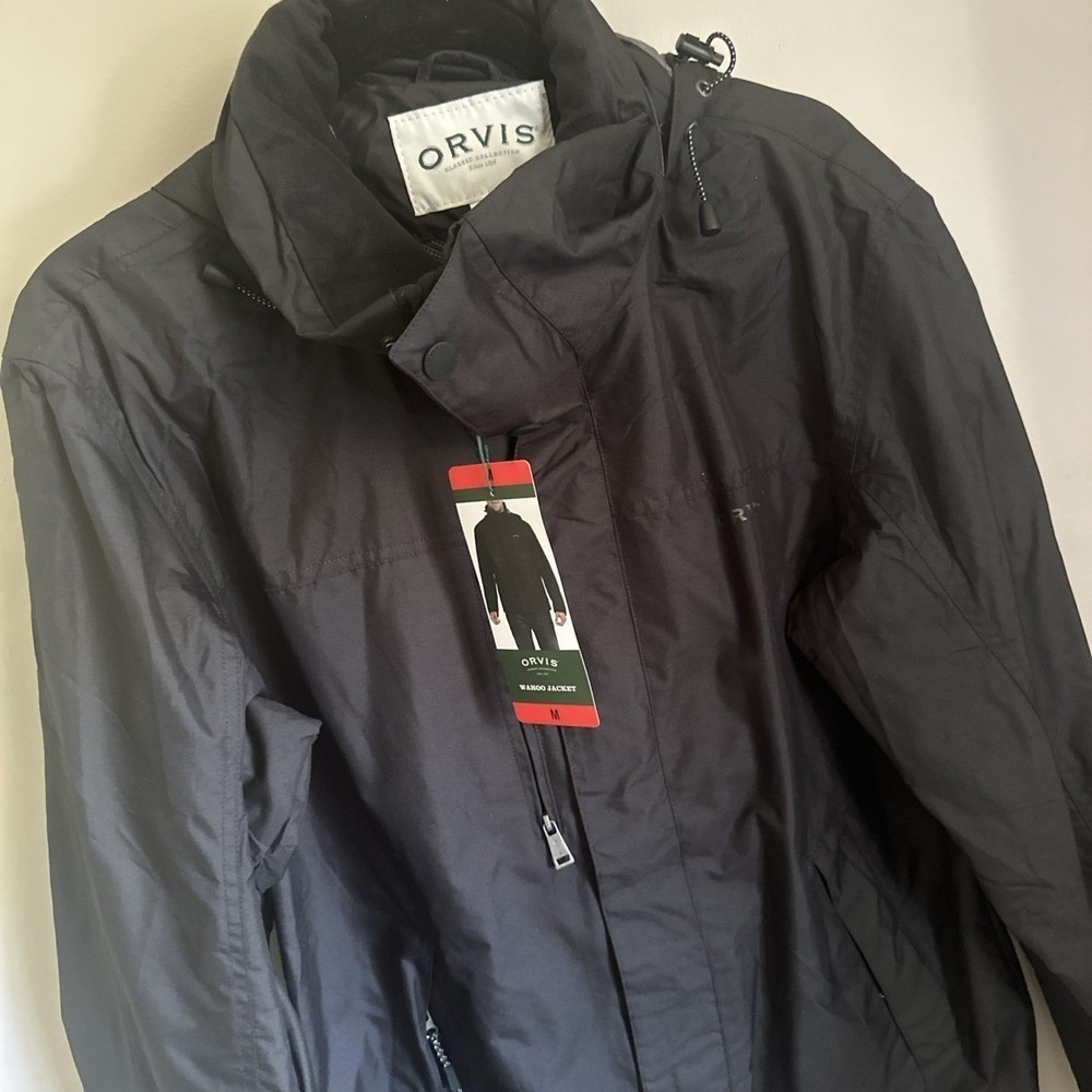Orvis Wahoo Jacket Mens Medium Black Hooded Full Zip Lightweight Rain Coat NWT